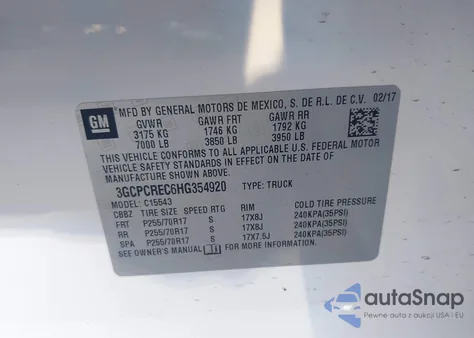 2017 Chevrolet Silverado 1500 1Lt из США, поврежденный, VIN 3GCPCREC6HG354920